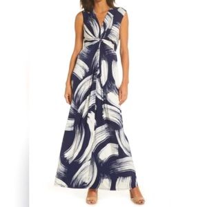 Eliza J Jersey Knit Printed Maxi Dress in Navy Blue and White, Tie Back Waist